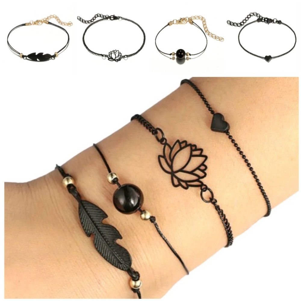4pc Black & Gold Charm Layering Bracelets Feather Lotus Flower Heart Bead - Picture 11 of 13